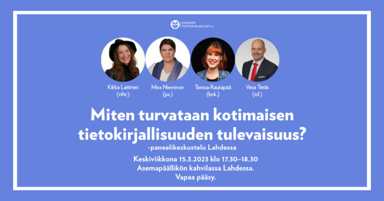 Poliitikot keskustelevat tietokirjallisuudesta Lahdessa 15.3. klo 17.30